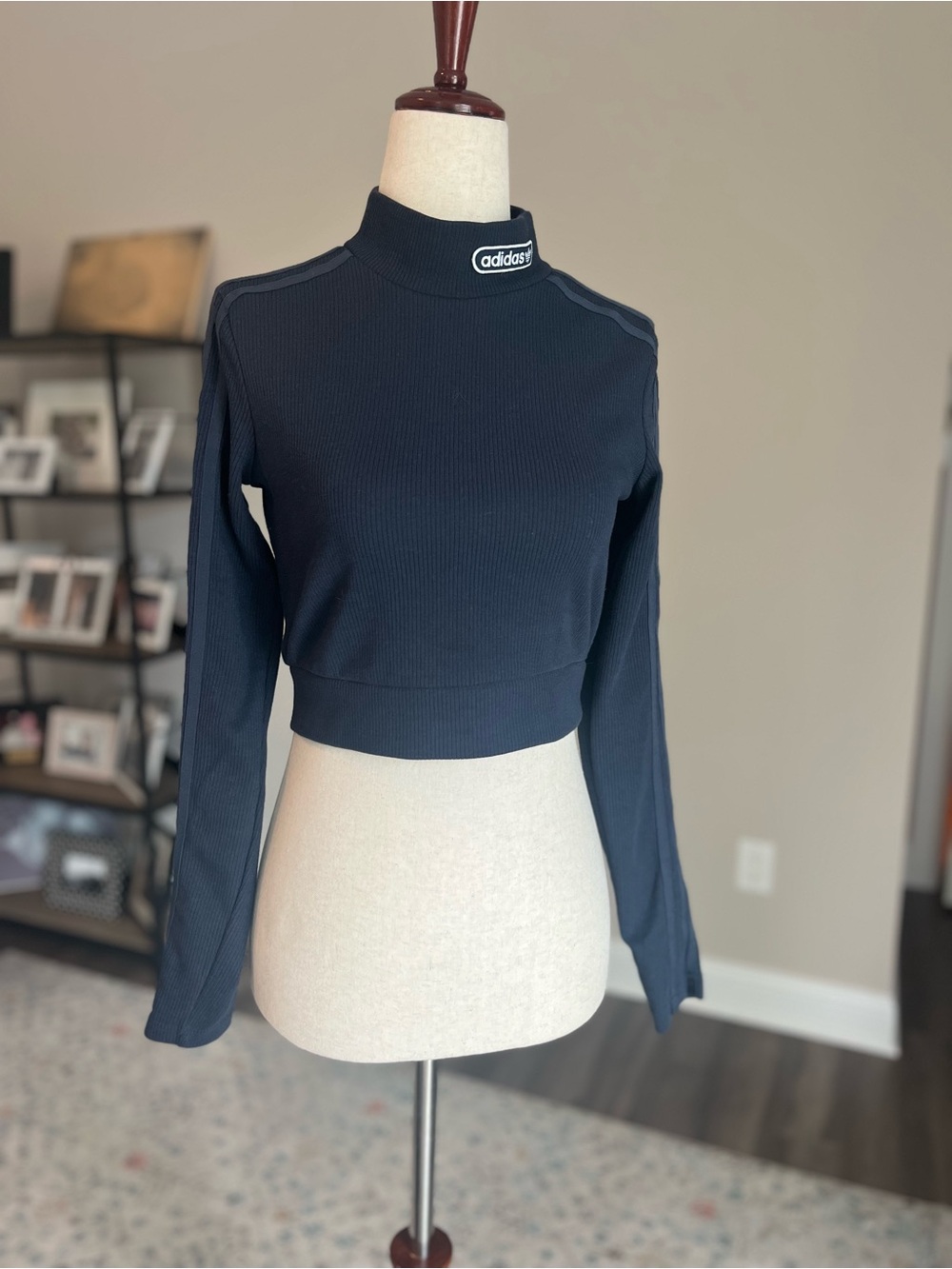 adidas Navy Ribbed Cropped Mock Neck Long-Sleeve Top